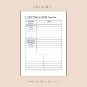 Op de afbeelding: Een afdrukbare checklist voor trouwliedjes met een zwart-wit ontwerp. De checklist bevat secties voor huwelijksgebeurtenissen, zoals de processie, het naar het altaar lopen, de ceremonie en de must-haves voor receptieliedjes. De tekst "EVERYDAY IS A CHANCE TO BECOME THE PERSON YOU WANT TO BE." staat onderaan de pagina.