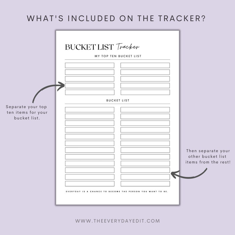 Bucket List Tracker Printable, Bucket List Template, Bucket to Do List Printable, Bucket List