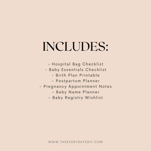 hospital bag checklist printable, baby essentials checklist printable, birth plan printable, postpartum planner printable, pregnancy appointment notes printable, baby name planner, baby registry wishlist printable