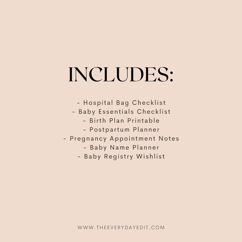 hospital bag checklist printable, baby essentials checklist printable, birth plan printable, postpartum planner printable, pregnancy appointment notes printable, baby name planner, baby registry wishlist printable