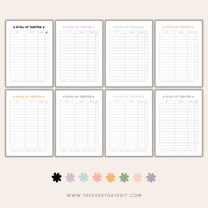 May include: Printable "Glow Up Tracker" checklist with eight different coloured borders. The checklist has a title, date, and goal columns. The checklist is designed to help people track their progress towards their goals.