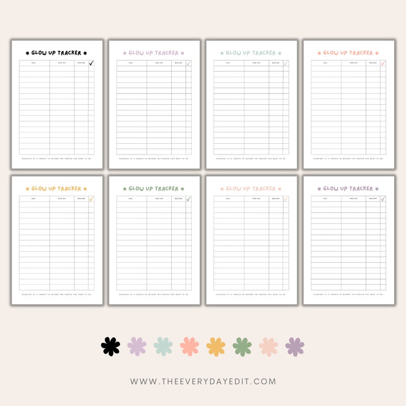 May include: Printable "Glow Up Tracker" checklist with eight different coloured borders. The checklist has a title, date, and goal columns. The checklist is designed to help people track their progress towards their goals.