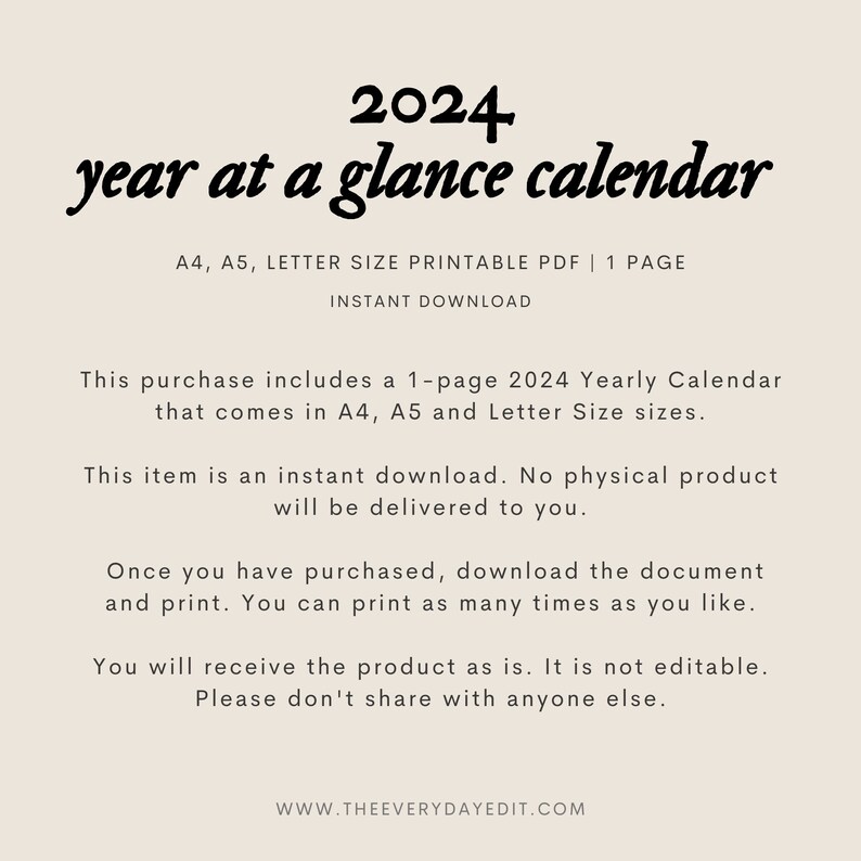 2024 Year at A Glance Printable, 2024 Calendar Printable, 2024 Planner