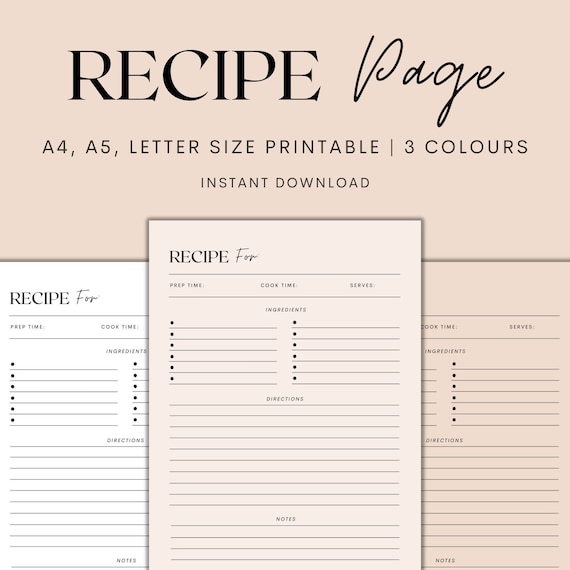 Recipe Page Printable Recipe Template Printable Printable - Etsy