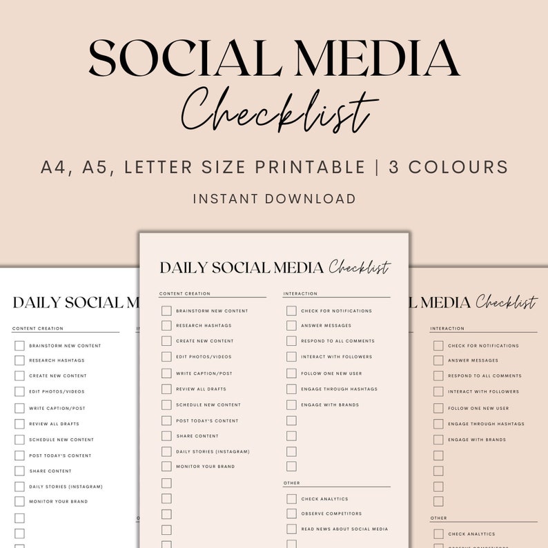 K&ouml;nnte beinhalten: Eine druckbare Checkliste zur Verwaltung t&auml;glicher Social-Media-Aufgaben. Die Checkliste ist in drei Abschnitte unterteilt: Content Creation, Interaktion und Sonstiges. Jeder Abschnitt enth&auml;lt eine Liste von Aufgaben mit Kontrollk&auml;stchen daneben. Die Checkliste soll Benutzern helfen, organisiert zu bleiben und ihre Social-Media-Aktivit&auml;ten im Auge zu behalten.