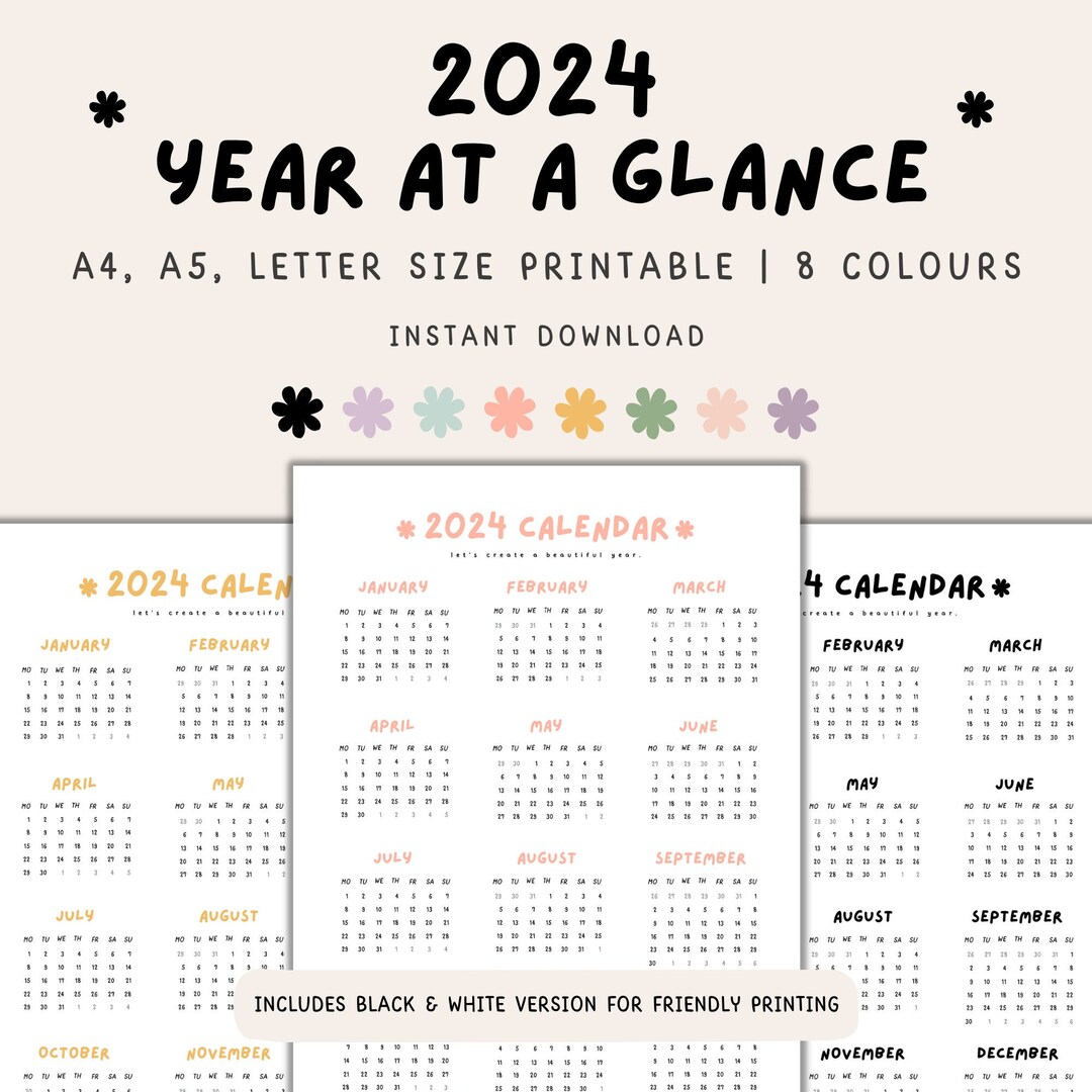 2024 Year at A Glance Printable, 2024 Planner Printable, 2024 Calendar ...