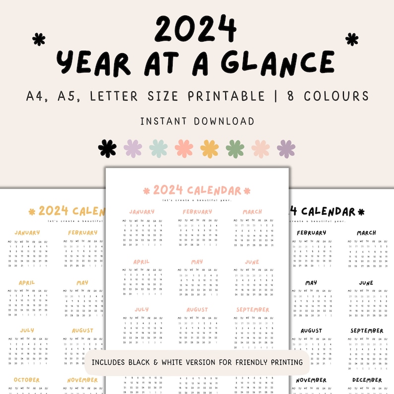 2024 Year at A Glance Printable 2024 Planner Printable 2024 Etsy