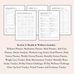wellness planner, health planner, meditation planner, meal planner, self care planner, workout log, workout planner, fitness planner, fitness goal, weight loss tracker, period tracker, ovulation tracker, glow up goal tracker