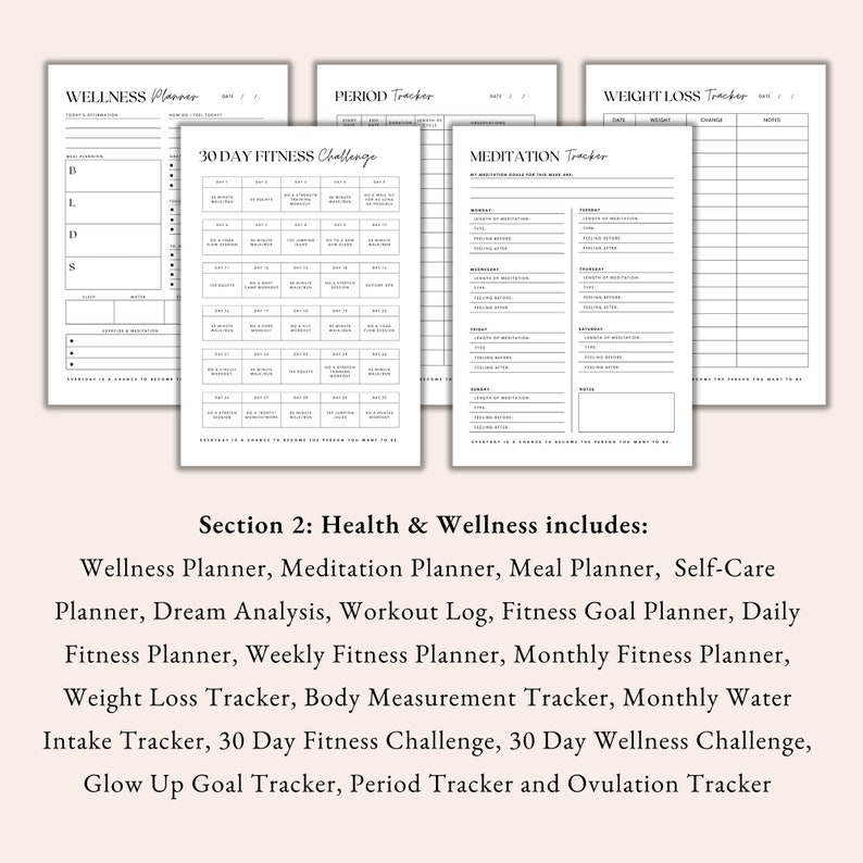 wellness planner, health planner, meditation planner, meal planner, self care planner, workout log, workout planner, fitness planner, fitness goal, weight loss tracker, period tracker, ovulation tracker, glow up goal tracker