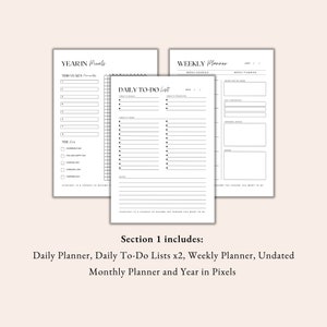 daily planner, daily to do list, weekly planner, undated monthly planner, yearly planner, year in pixels