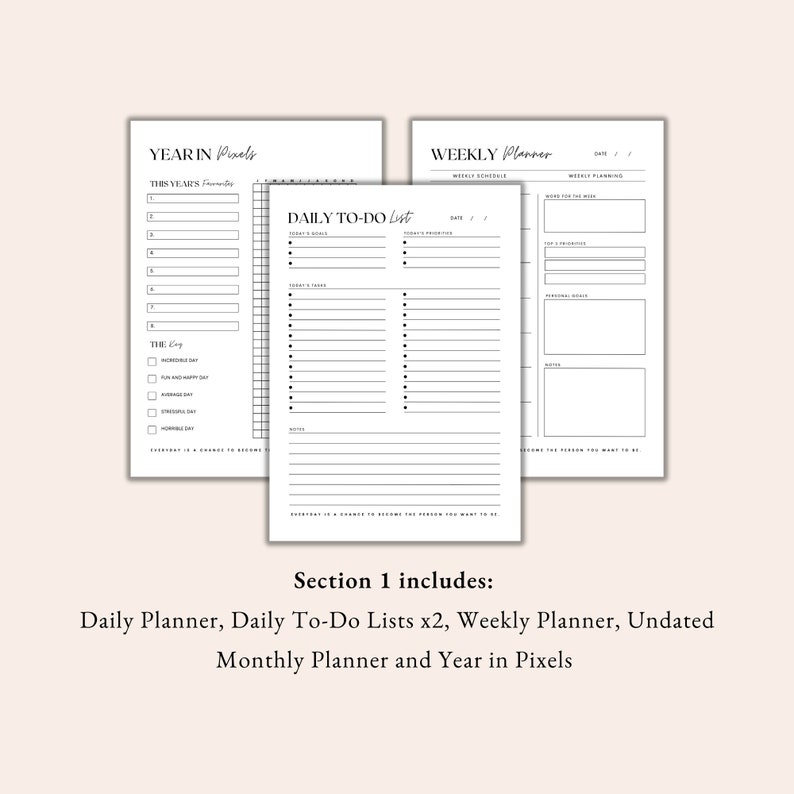 daily planner, daily to do list, weekly planner, undated monthly planner, yearly planner, year in pixels