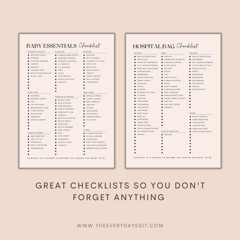 minimalist planner printable, printable baby essentials checklist, printable hospital bag checklist