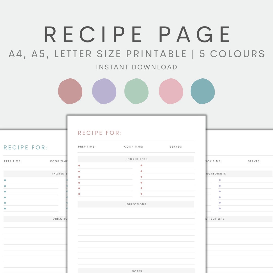 Recipe Page Printable Recipe Template Printable Recipe Card Etsy
