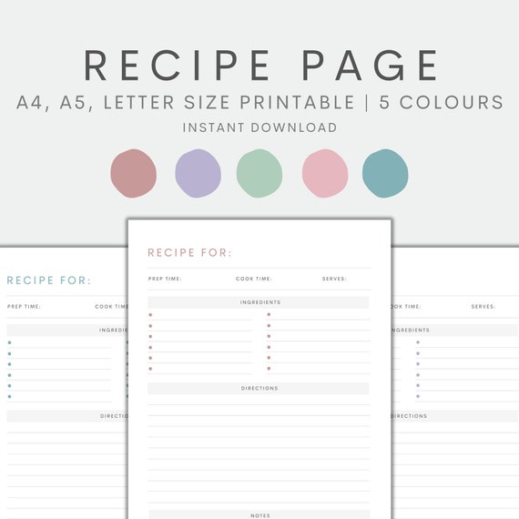 Recipe Page Printable Recipe Template Printable Recipe Card - Etsy