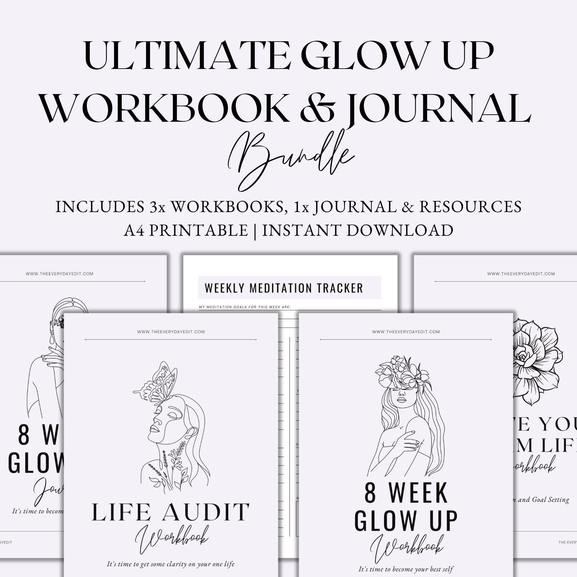 Paquete definitivo de libros de trabajo Glow Up, indicaciones del diario Glow  Up, libro de trabajo de establecimiento de objetivos, auditoría de vida,  diario de trabajo en la sombra, descarga instantánea de