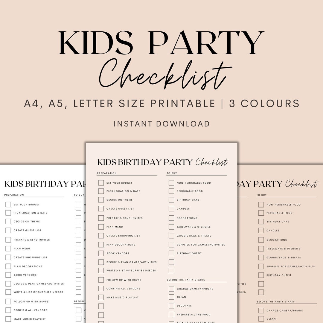 Kids Birthday Party Checklist Printable, Kids Party Planner Printable