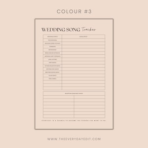 Op de afbeelding: Een afdrukbare bruiloft-songtracker met een zwart-wit ontwerp. De tracker bevat secties voor bruiloftsgebeurtenissen, zoals de processie, de ceremonie en de must-haves voor receptieliedjes, met ruimte om het lied en de artiest te noteren.
