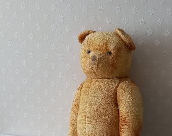 Nounours XL en mohair antique, paille, membres articulés, yeux en verre