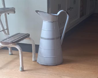 Vintage French pitcher jug decorated with white enamel & gold lines, Vintage French enamel jug, Rustic home decor.