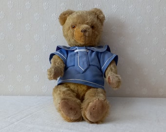 Ancien ours en peluche en mohair/paille/membres articulés