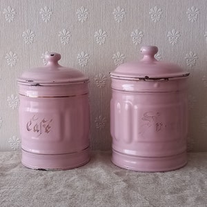 Rare color) Set of 2 french pink color canisters, storage jar, container, shabby chic, farmhouse decor