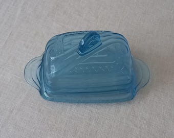 Vintage blaue Glasbutterschale, Vintage Butterschale im Art-Deco-Stil