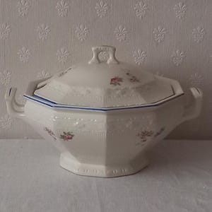 Puede incluir: Una fuente de cerámica blanca con tapa. La fuente tiene forma hexagonal con ribete azul y pequeños motivos florales. Cuenta con dos asas y un asa en la tapa.