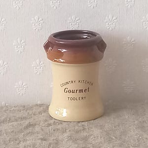 Pote de cozinha vintage de grés, Pote para utensílios vintage, Decoração rústica de cozinha.