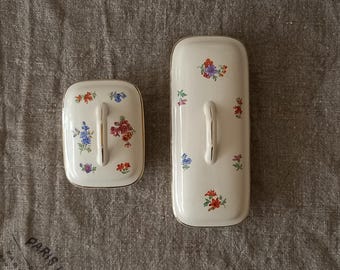 Ancien porte savon avec couvercle blanc et jaune à fleurs - France