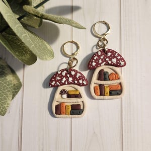 Mushroom Bookcase Earrings, Polymer Clay Book Jewelry, Cottagecore Earrings, Librarian Gift, Fall Jewelry, Bookworm Earrings, Bibliophile
