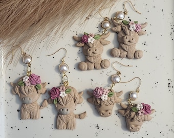 Pearl Highland Cow Earrings: Floral Polymer Clay Jewelry
