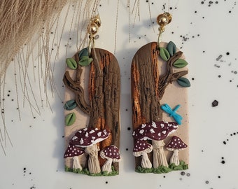 Autumn Forest earrings, Tree Earrings, Mushroom Earrings, Forest jewelry, Tree jewelry, Nature jewelry, Tree lover, Forest Lover, Dragonfly