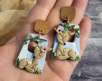 Fawn Drop Earrings: Polymer Clay Deer with Floral Crown