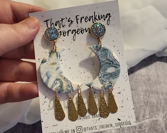 Ice Blue Crescent Moon Earrings: Polymer Clay Luna Dangles