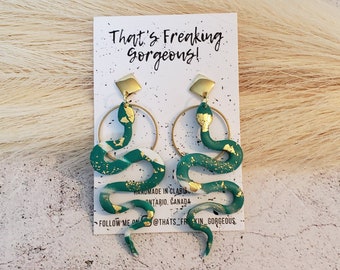 Emerald Green and Gold Marble Snake Earrings, Snake Dangles, Etsy's Color of the Year, Polymer Clay Earrings, Clay snakes, Green Snakes