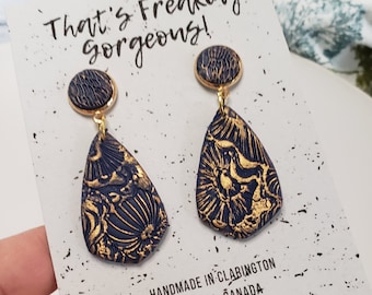 Navy Blue Floral Textured Earrings: Gold Boho Statement Jewelry