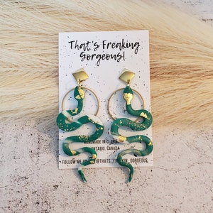 Emerald Green and Gold Marble Snake Earrings, Snake Dangles, Etsy's Color of the Year, Polymer Clay Earrings, Clay snakes, Green Snakes