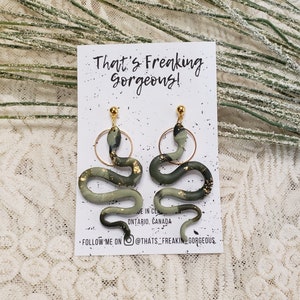 Army Green and Gold Flecked Snake Earrings, Snake Dangles, Camo green, Polymer Clay Earrings, Handmade jewelry, Clay snakes, Green Snakes