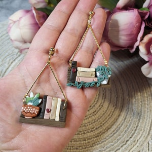 Handmade Polymer Clay Bookcase Earrings: Book Lover Gift