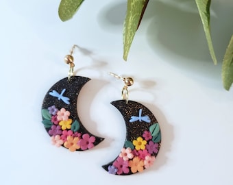 Night Garden Moon Earrings, Moon Dangles, Luna dangles, Polymer Clay Earrings, Lunar Cycle, Moon Magic, Moon Child, Moon, Dragonfly moon