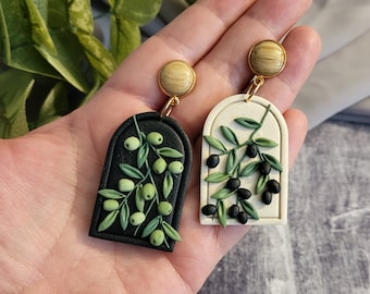 Mismatched Olive Branch Earrings: Polymer Clay Floral Statement Jewelry