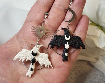 Asymmetrical Celestial Raven Earrings, Mismatched Raven Earrings, Corvid Earrings, Corvid jewelry, Crow jewelry, Goth earrings, Bird jewelry