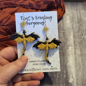 Fourth Wing Dragon Earrings, Black and gold Dragons, Dragon jewelry, Cosplay Earrings, Goth earring, Medevil Earring, Iron Flame, Fly or Die