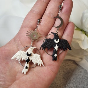 Asymmetrical Raven Earrings:Mismatched Celestial Goth Crow Jewelry