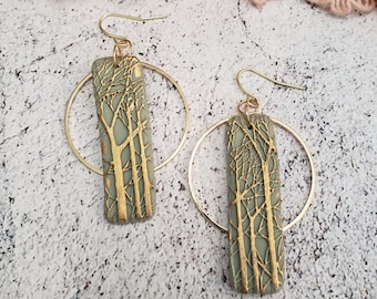 Sage Green Forest Earrings: Gold Tree Polymer Clay Jewelry