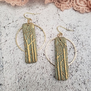 Sage Green Forest Earrings: Gold Tree Polymer Clay Jewelry