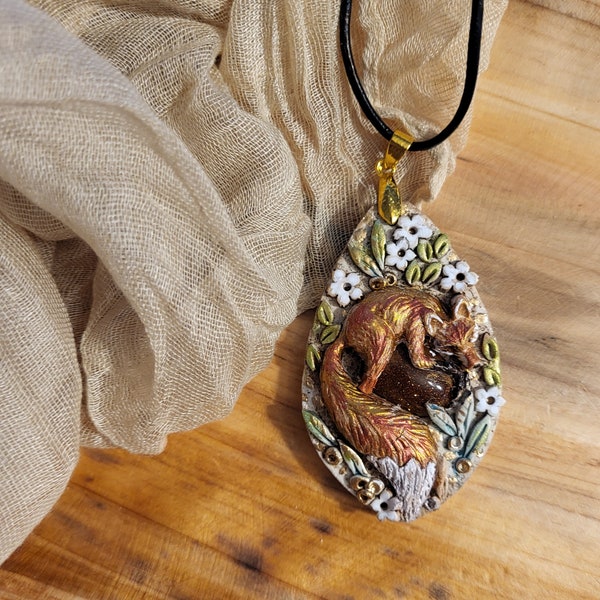 Sleeping Fox with Red Goldstone Pendant, Red Fox Necklace, Fox Pendant, Fox Lover Jewelry, Polymer Clay Pendant, Handmade jewelry