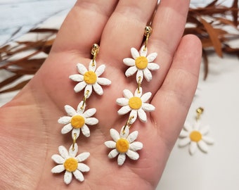 Polymer Clay Daisy Drop Earrings: Boho Floral Dangles