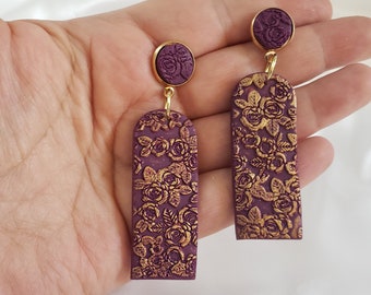 Gold-kissed Wild Rose Earrings in Wine, Burgandy Dangles, Statement earrings, Floral arches, Floral Dangles, Boho jewelry, statement jewelry