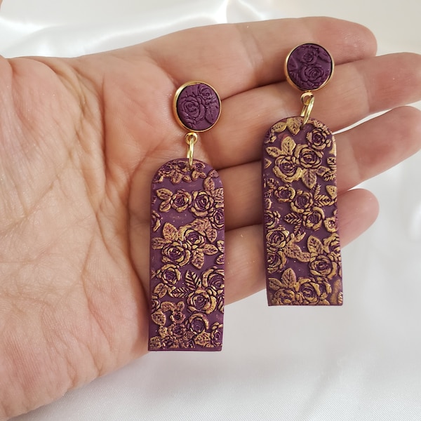 Gold-kissed Wild Rose Earrings in Wine, Burgandy Dangles, Statement earrings, Floral arches, Floral Dangles, Boho jewelry, statement jewelry